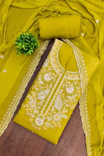 Lime cotton silk embroidered unstitched dress material