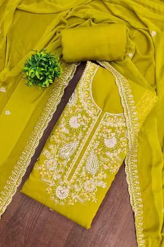 Lime cotton silk embroidered unstitched dress material