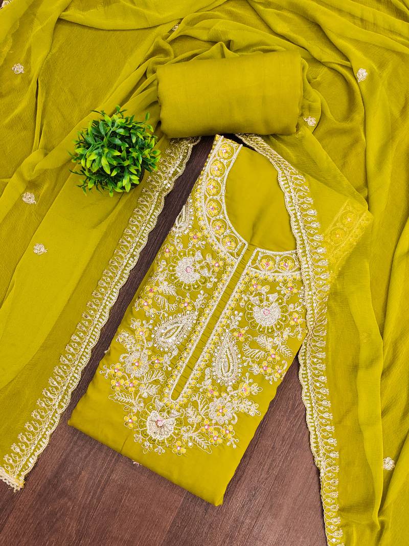 Lime cotton silk embroidered unstitched dress material