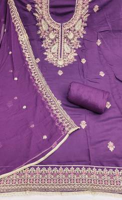 Purple cotton silk embroidered unstitched dress material 3