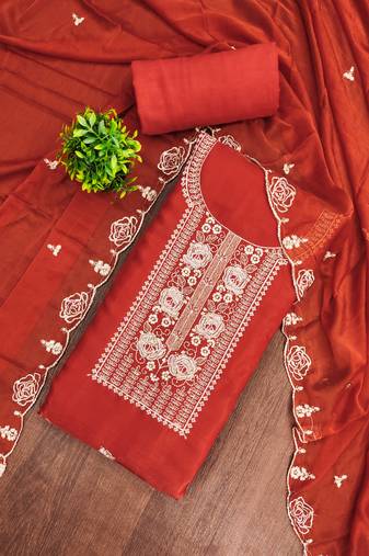 Rust viscose embroidered unstitched dress material