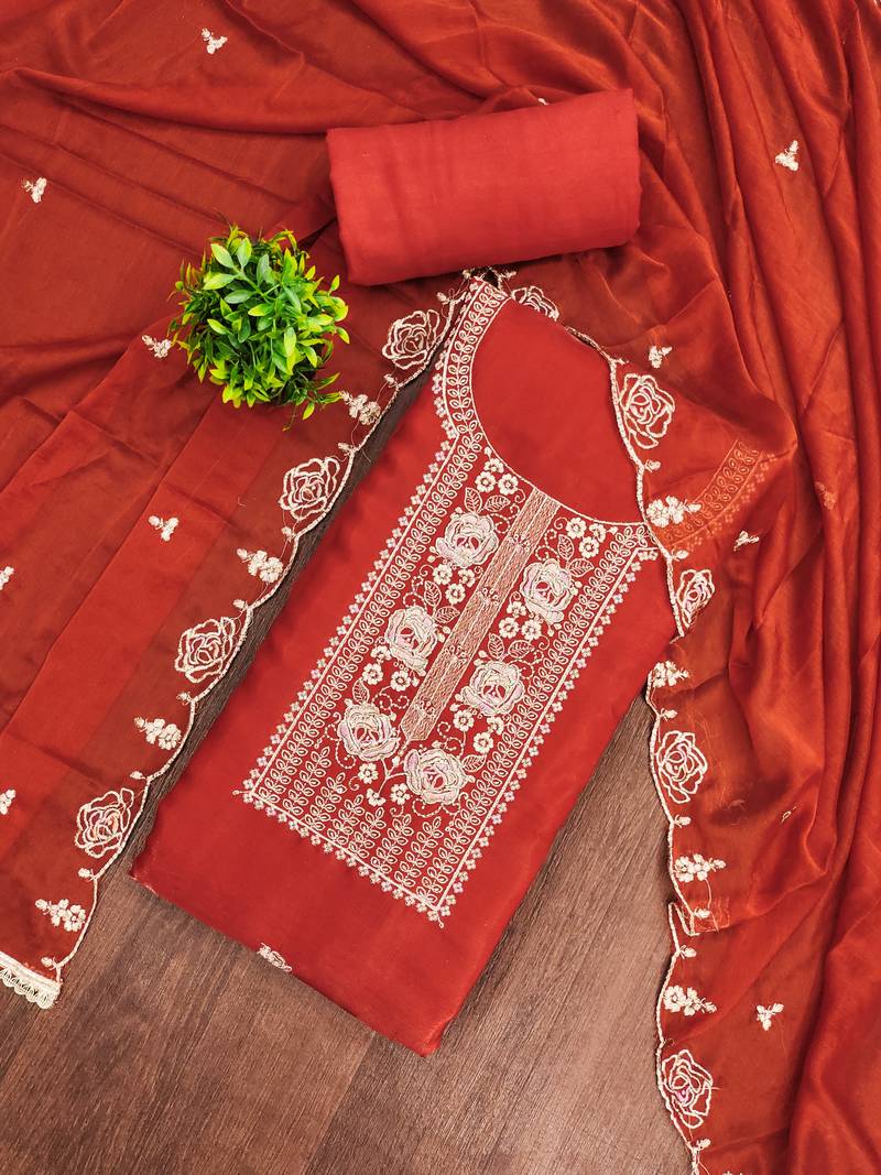 Rust viscose embroidered unstitched dress material