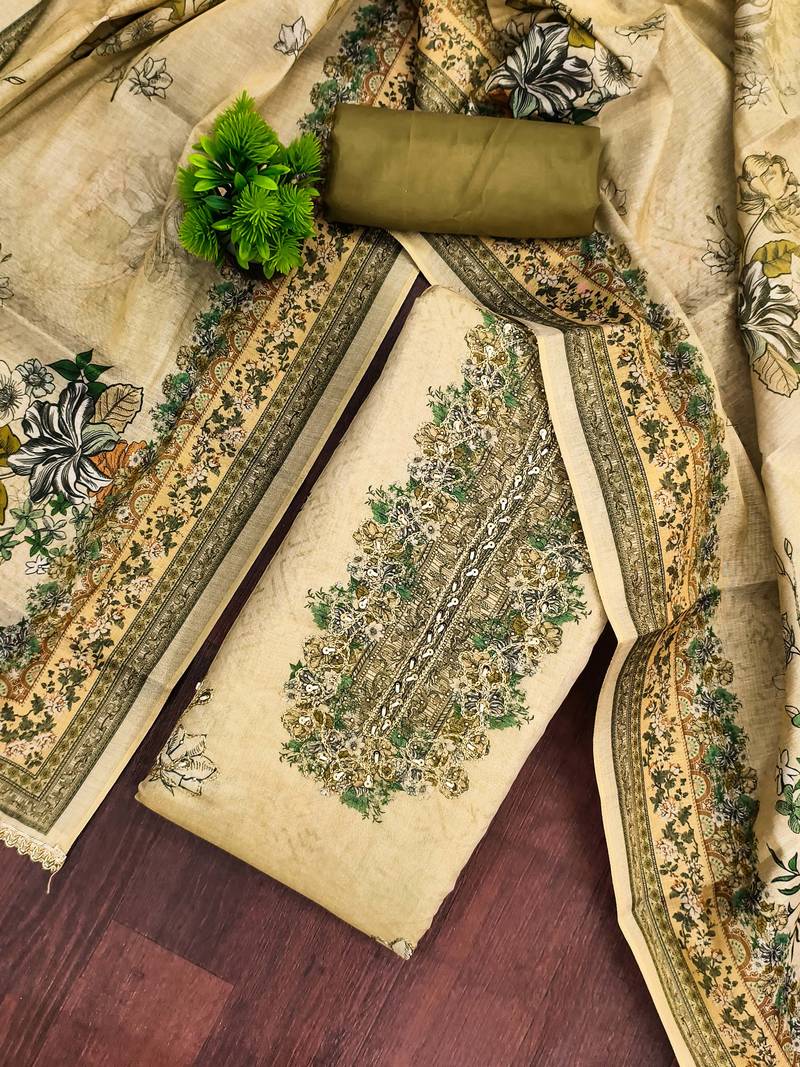 Green viscose embellished unstitched dress material