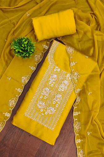 Yellow viscose embroidered unstitched dress material