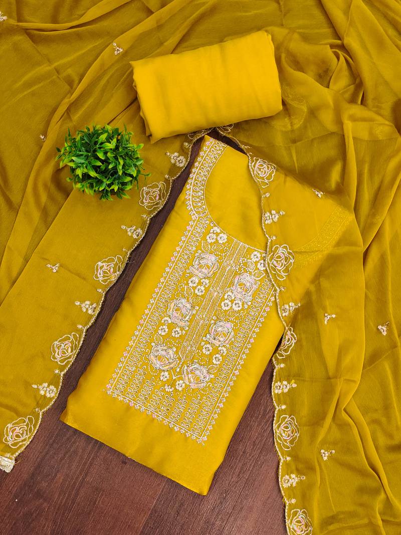 Yellow viscose embroidered unstitched dress material