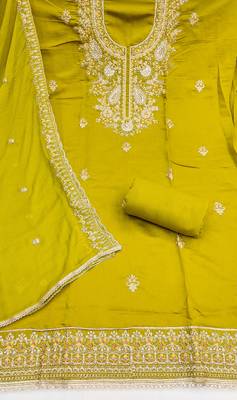 Lime cotton silk embroidered unstitched dress material 3
