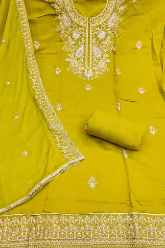 Lime cotton silk embroidered unstitched dress material