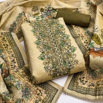 Green viscose embellished unstitched dress material 2