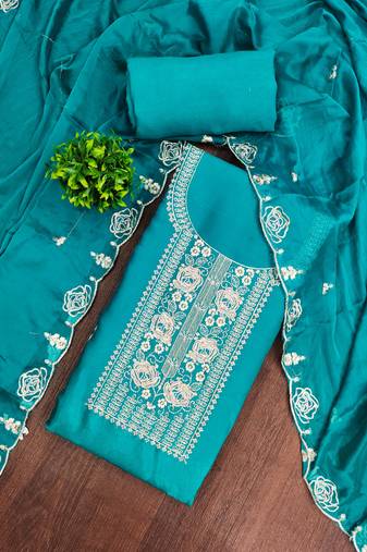 Blue viscose embroidered unstitched dress material