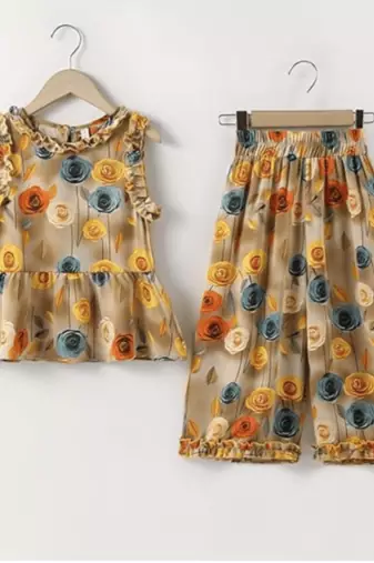 Beige floral print cotton ruffle top & palazzo set for girls