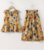 Beige floral print cotton ruffle top & palazzo set for girls