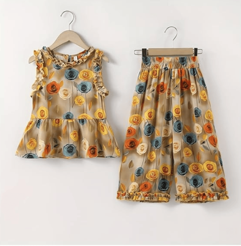 Beige floral print cotton ruffle top & palazzo set for girls