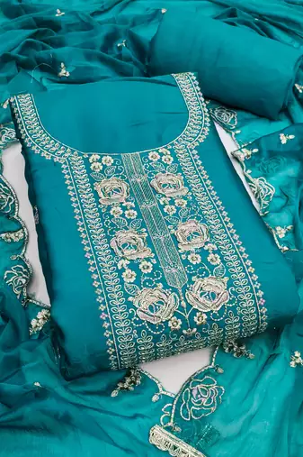 Blue viscose embroidered unstitched dress material