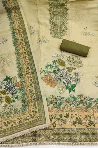 Green viscose embellished unstitched dress material