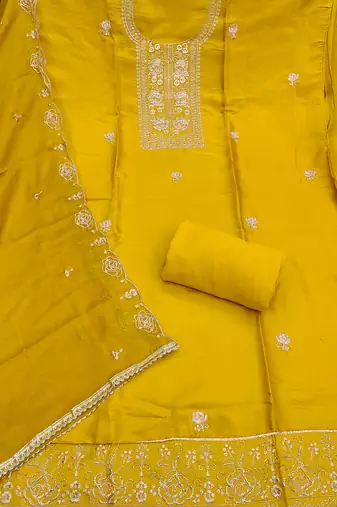 Yellow viscose embroidered unstitched dress material