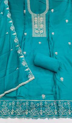Blue viscose embroidered unstitched dress material 3