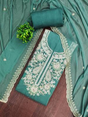 Turquoise cotton silk embroidered unstitched dress material 1