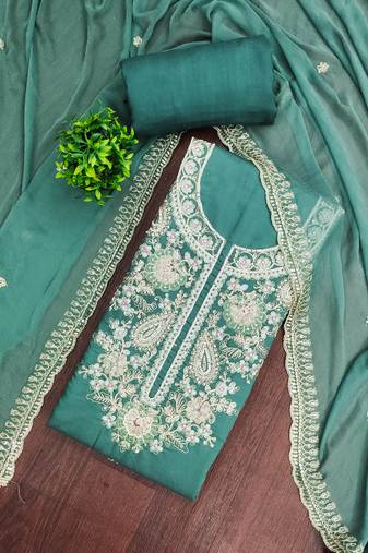 Turquoise cotton silk embroidered unstitched dress material