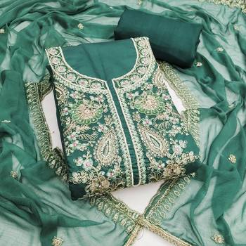 Turquoise cotton silk embroidered unstitched dress material 2