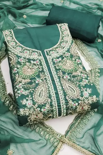Turquoise cotton silk embroidered unstitched dress material
