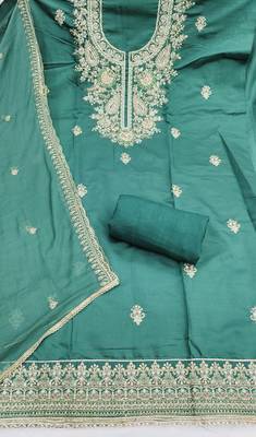 Turquoise cotton silk embroidered unstitched dress material 3