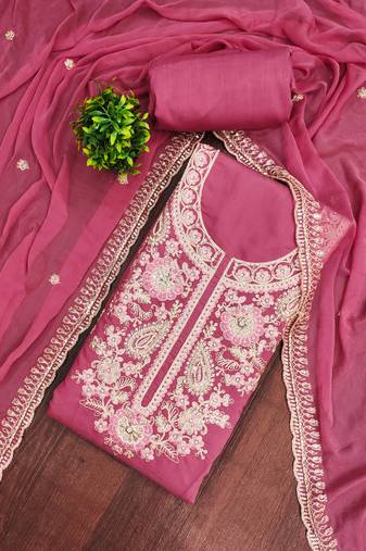 Pink cotton silk embroidered unstitched dress material