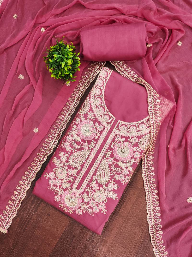 Pink cotton silk embroidered unstitched dress material