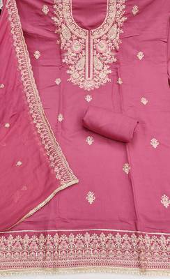 Pink cotton silk embroidered unstitched dress material 3