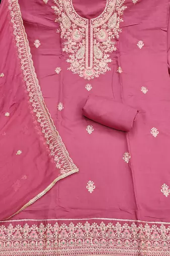 Pink cotton silk embroidered unstitched dress material