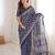 Navy blue blocked printed soft pure cotton saree with blouse.