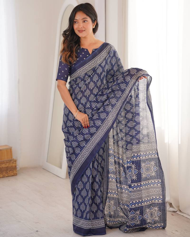 Navy blue blocked printed soft pure cotton saree with blouse.