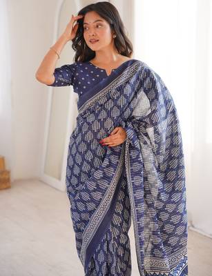 Navy blue blocked printed soft pure cotton saree with blouse. 3