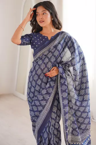Navy blue blocked printed soft pure cotton saree with blouse.