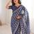 Navy blue blocked printed soft pure cotton saree with blouse.