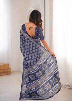 Navy blue blocked printed soft pure cotton saree with blouse. 4