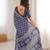 Navy blue blocked printed soft pure cotton saree with blouse.