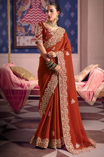 Rust viscose zari tissue silk heavy embroidery, beads with sequince work saree with blouse