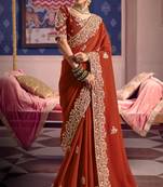 Rust viscose zari tissue silk heavy embroidery, beads with sequince work saree with blouse