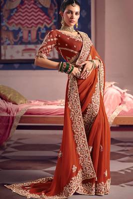 Rust viscose zari tissue silk heavy embroidery, beads with sequince work saree with blouse 2