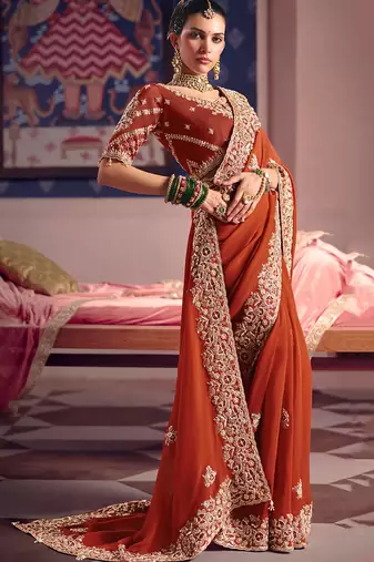 Rust viscose zari tissue silk heavy embroidery, beads with sequince work saree with blouse