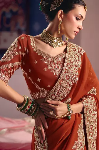 Rust viscose zari tissue silk heavy embroidery, beads with sequince work saree with blouse