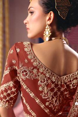 Rust viscose zari tissue silk heavy embroidery, beads with sequince work saree with blouse 4