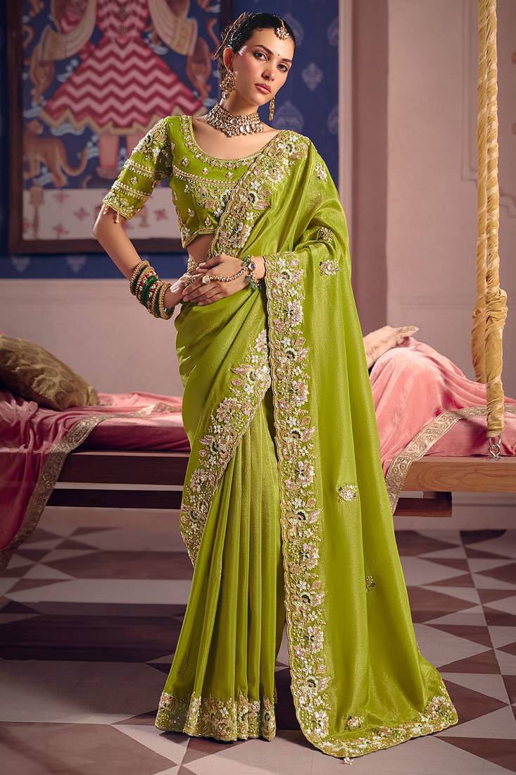 Lime viscose zari tissue silk heavy embroidery, beads with sequince work saree with blouse