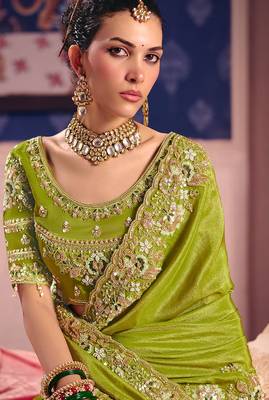 Lime viscose zari tissue silk heavy embroidery, beads with sequince work saree with blouse 2