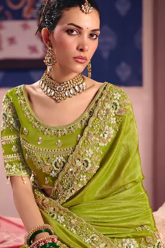 Lime viscose zari tissue silk heavy embroidery, beads with sequince work saree with blouse