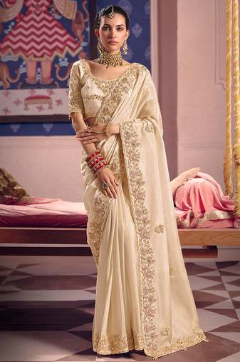 Cream viscose zari tissue silk heavy embroidery, beads with sequince work saree with blouse
