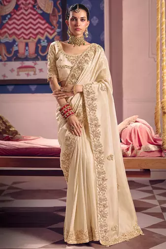 Cream viscose zari tissue silk heavy embroidery, beads with sequince work saree with blouse