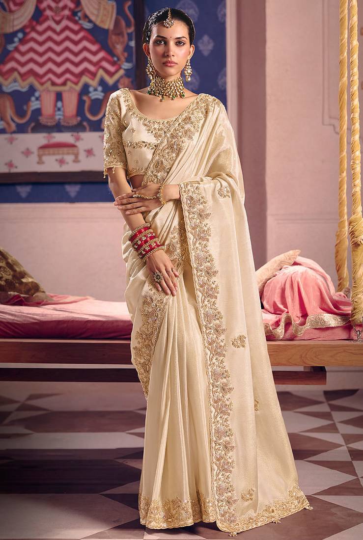 Cream viscose zari tissue silk heavy embroidery, beads with sequince work saree with blouse