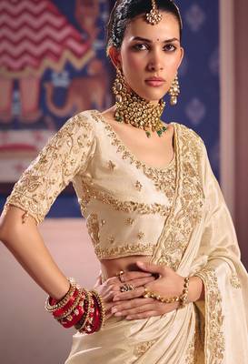 Cream viscose zari tissue silk heavy embroidery, beads with sequince work saree with blouse 2