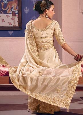 Cream viscose zari tissue silk heavy embroidery, beads with sequince work saree with blouse 3